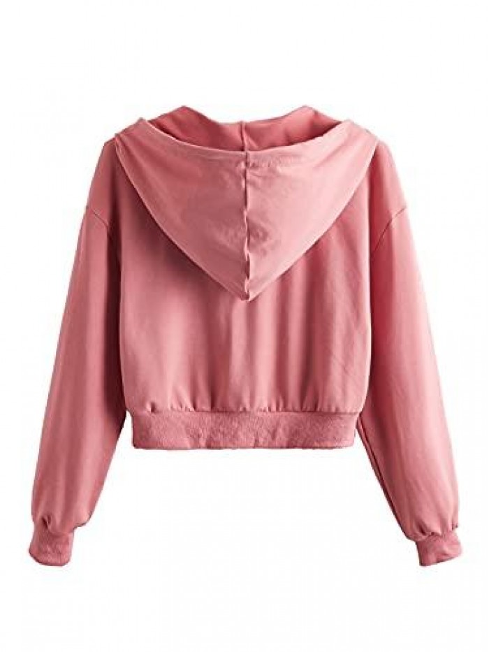 Women's Long Sleeve Drop Shoulder Drawstring Crop Hoodie Sweatshirt 