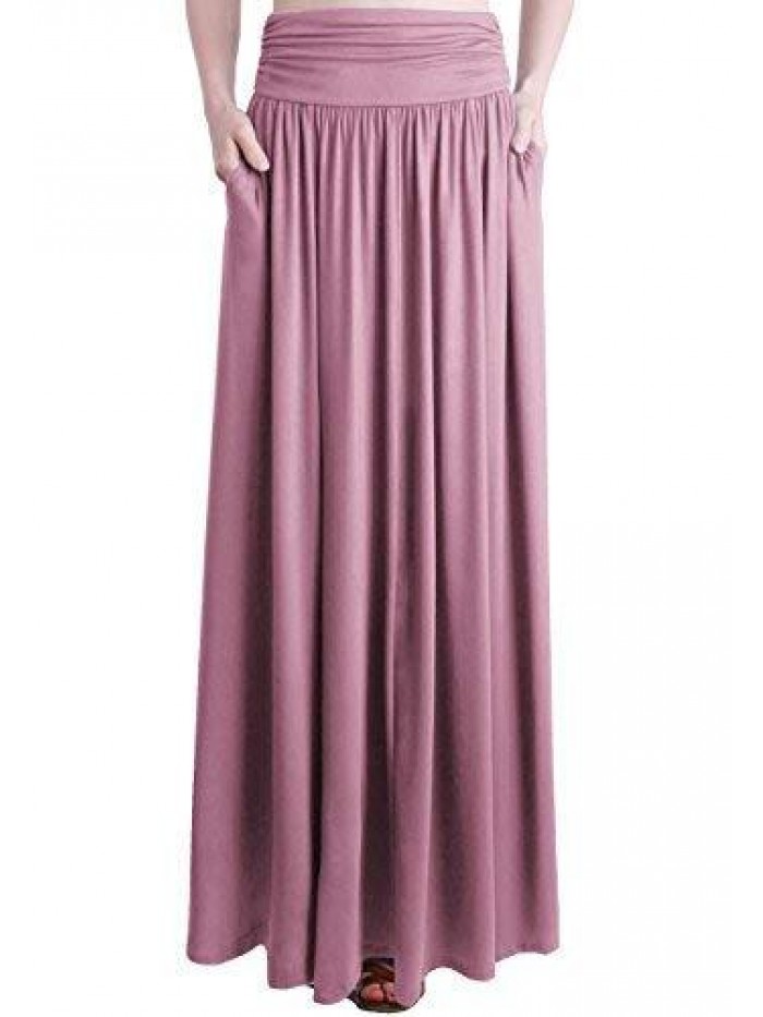 UNITED Women's Rayon Spandex High Waist Shirring Maxi Skirt with Pockets 