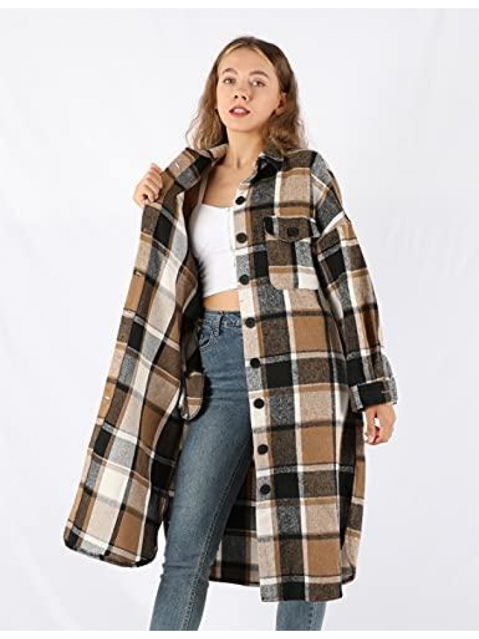 Women's Casual Plaid Lapel Woolen Button Up Pocketed Long Shacket Coat 