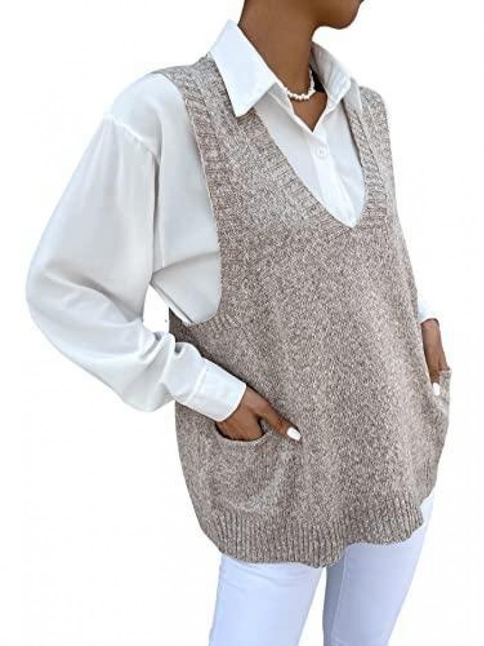 Women's V Neck Sleeveless Sweater Vests Dual Pocket Plain Knit Tops 