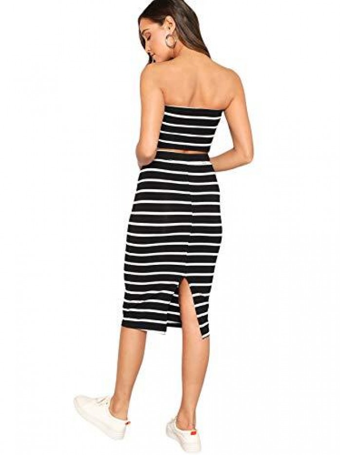 Women's 2 Pieces Striped Crop Bandeau Top and Split Skirt Set 