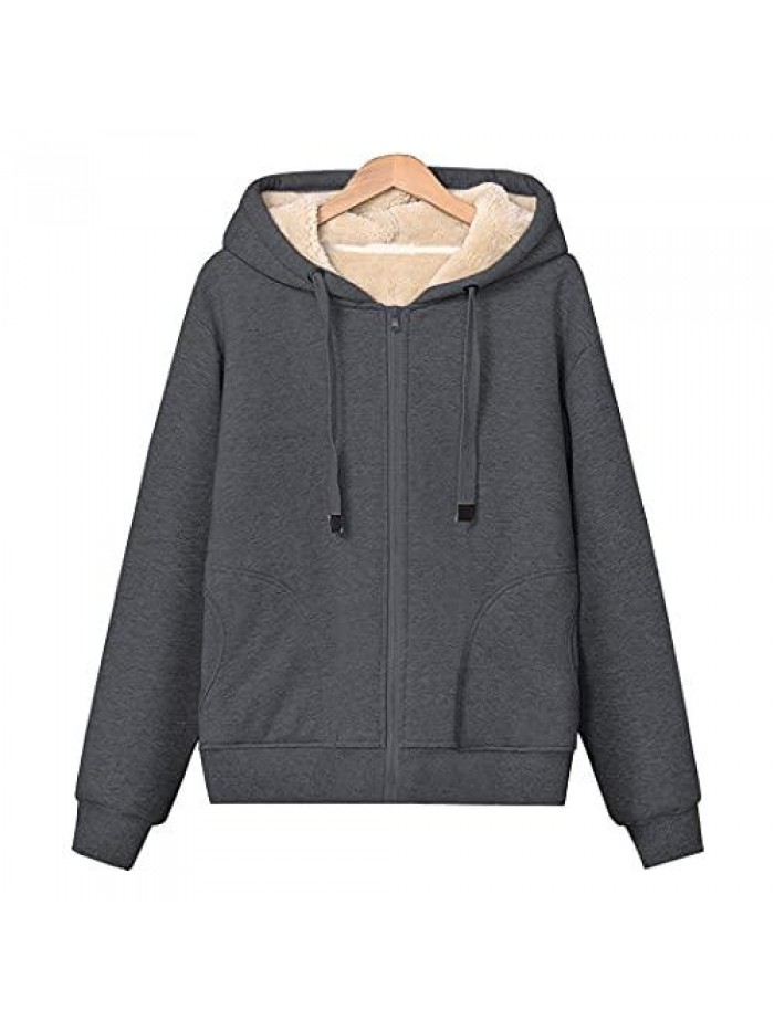 Women's Zip Up Sherpa Lined Drawstring Hoodie Sweatshirts Casual Coats 