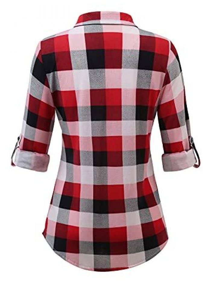 Women’s Roll Up Long Sleeve Collared Button Down Plaid Shirt 