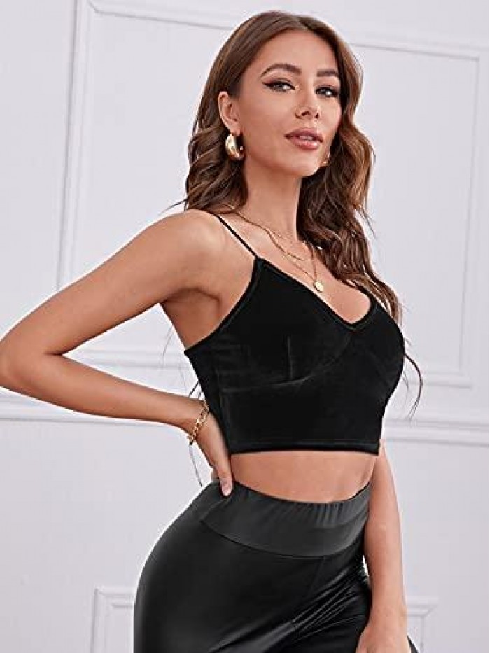 Women's Basic Strappy Velvet V Neck Vest Crop Cami Top 