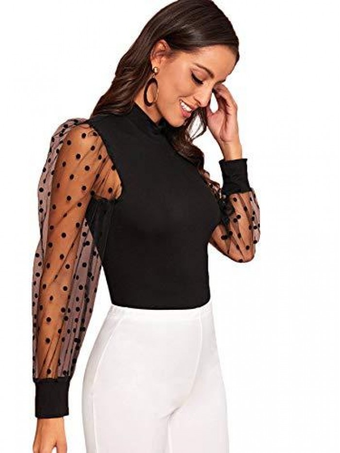 HUX Women's Sheer Mesh Long Sleeve Slim Fit Top Blouse 