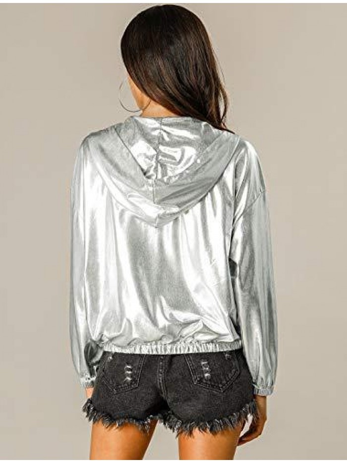 K Women's Holographic Shiny Long Sleeve Zipper Hooded Metallic Jacket 