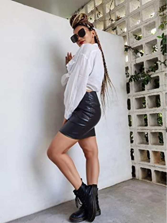 Women's Faux Leather Skirt PU High Waisted Stretchy Slim Mini Pencil Skirt 