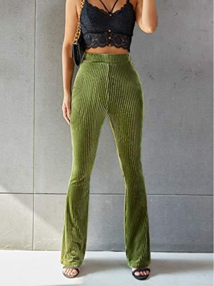 Women's Velvet Elastic Waist Flare Leg Palazzo Long Pants Trousers 