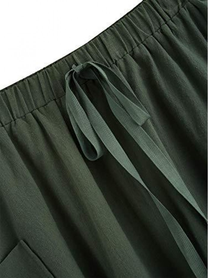 Women's Casual High Waist Pleated A-Line Midi Skirt with Pocket 