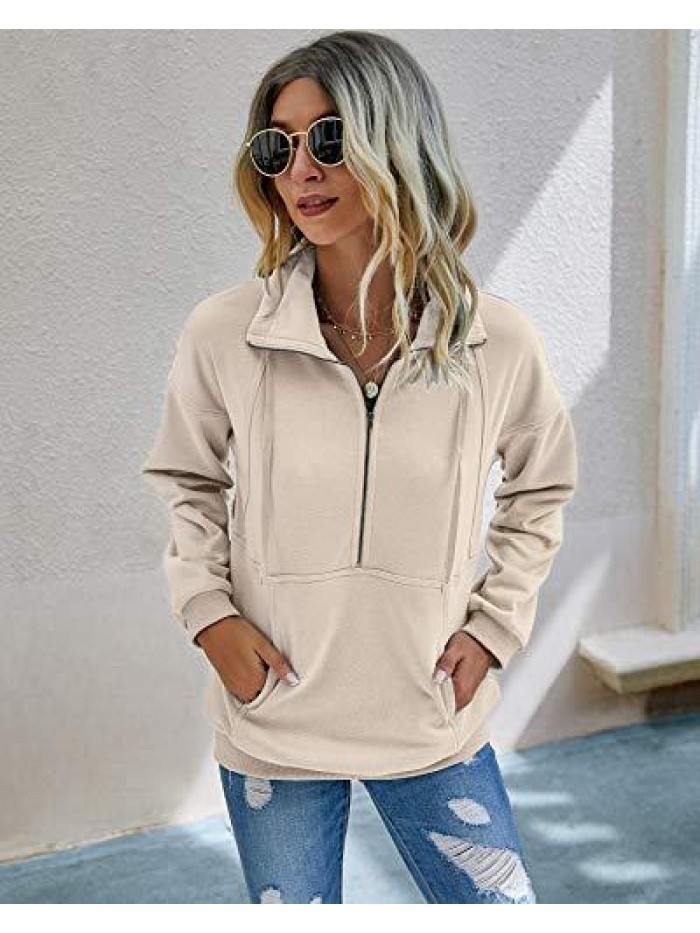 Women’s Casual Long Sleeve Lapel Zipper Sweatshirt Drawstring Loose Pullover Tops 