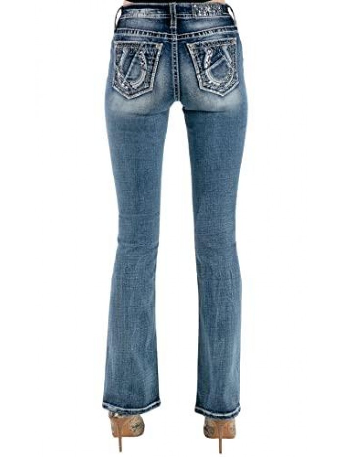 Me Women's Mid-Rise Boot Jeans with Sequin Horseshoe Designs 