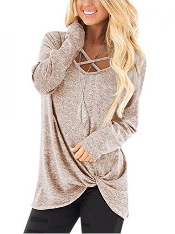 Womens Long Sleeves Tops V Neck Casual Fall Tunic Shirts 