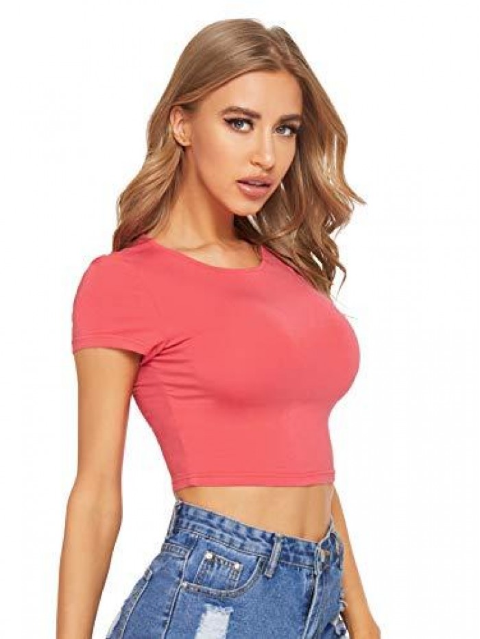 Women's Basic Short Sleeve Scoop Neck Crop Top 