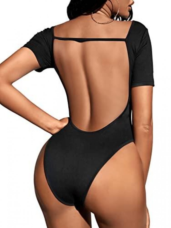 Women's Short Sleeve Scoop Neck Leotard Backless Skinny Bodysuit Jumpsuit 