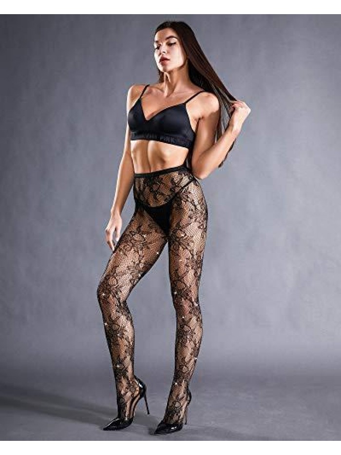 Women's Sparkle Rhinestone Fishnets Sexy Tights High Waist Stockings 