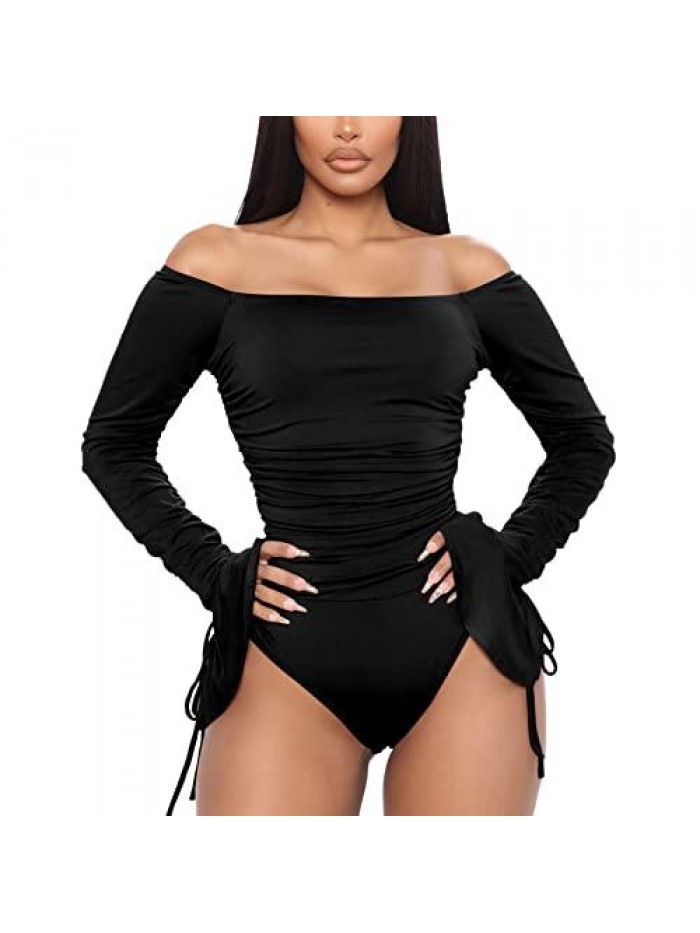 Long Sleeves Bodysuit Off Shoulder Pleated Flared Cuffs Jumpsuits Rompers Tops 