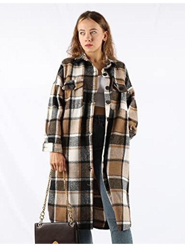 Women's Casual Plaid Lapel Woolen Button Up Pocketed Long Shacket Coat 