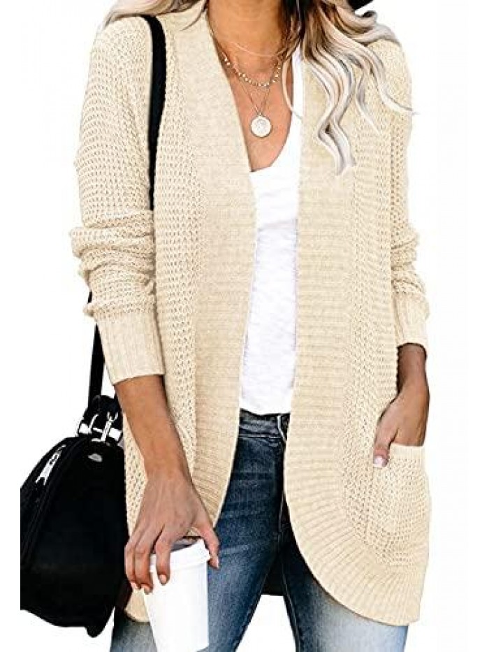 Womens Long Sleeve Open Front Waffle Chunky Knit Cardigan Sweater Outwear 