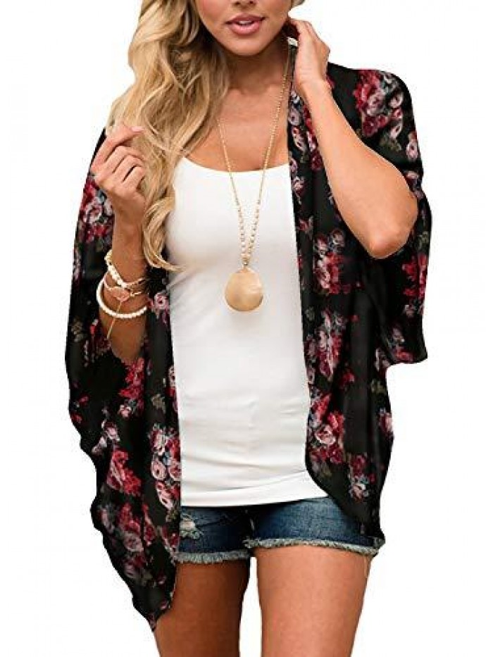 Women's Cardigan-Sheer Kimono Loose Summer Floral Print Cover Ups 