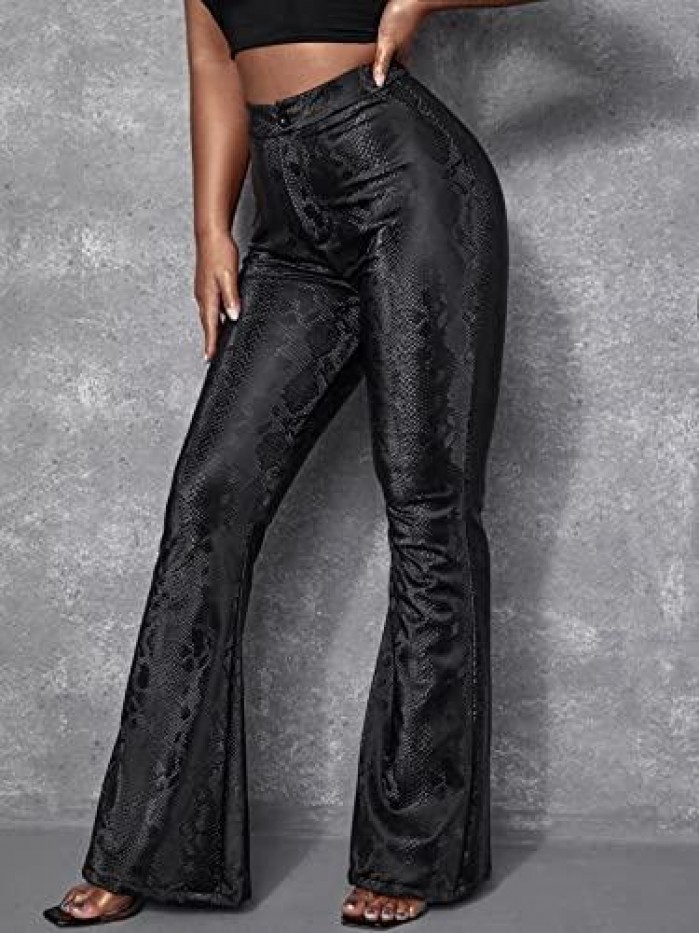 Women's High Waist Snakeskin Print PU Leather Flare Leg Long Pants 