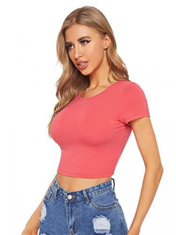 Women's Basic Short Sleeve Scoop Neck Crop Top 