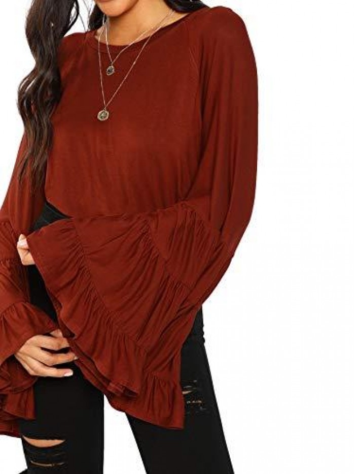 Women's Casual Boho Ruffle Long Bell Sleeve Tops Tee Shirt 