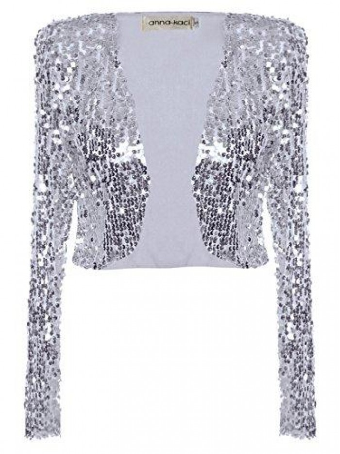 Womens Shiny Sequin Long Sleeve Cropped Blazer Bolero Shrug 