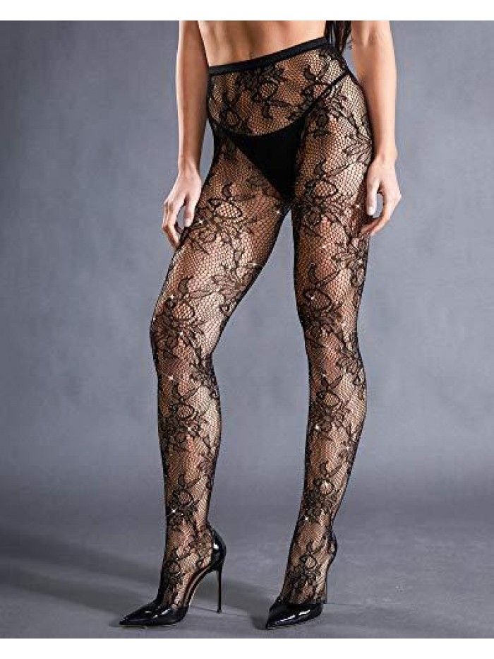 Women's Sparkle Rhinestone Fishnets Sexy Tights High Waist Stockings 