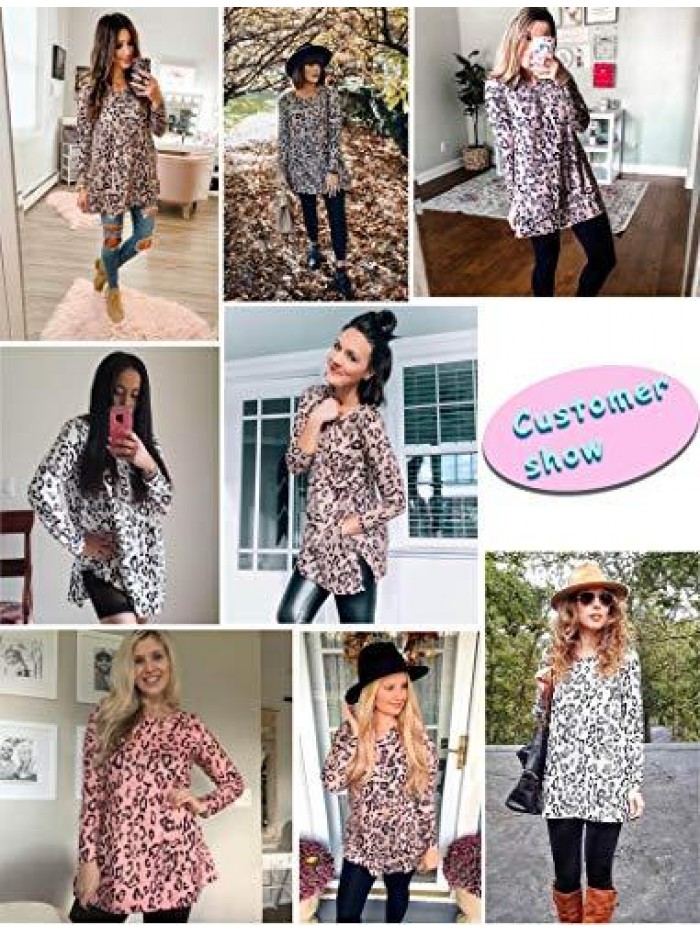 Womens Tunic Tops Leopard Print Shirt Long Sleeve V Neck Blouse 