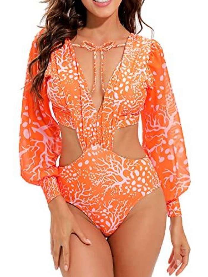 Women's Rashguard Long Sleeve Zip Swimsuit Print Surfing one Piece Swimwear 