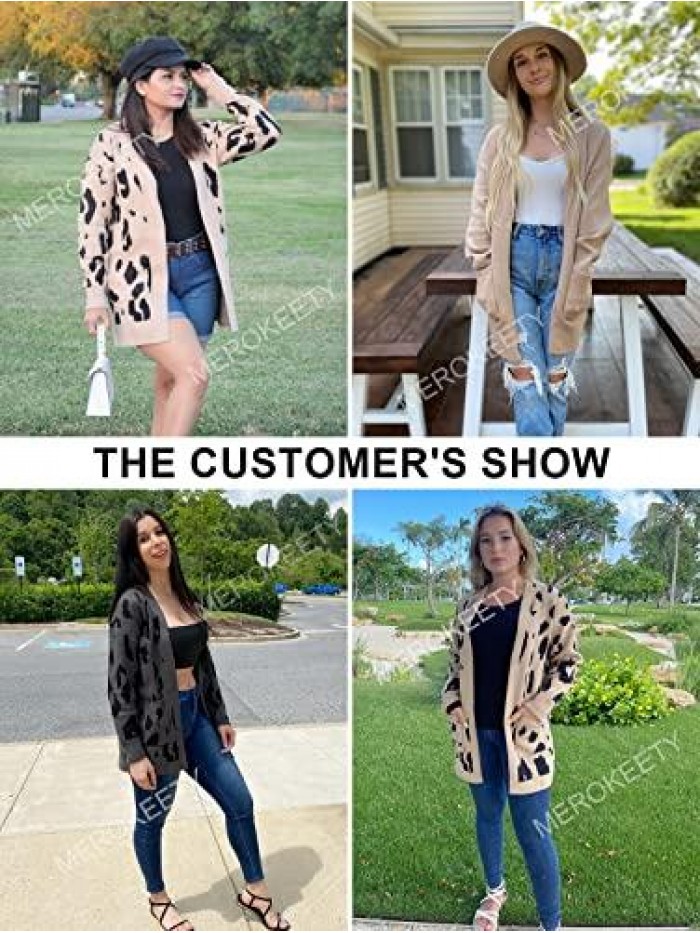 Women's Open Front Leopard Knit Cardigan Sweaters Long Sleeve Outwear 