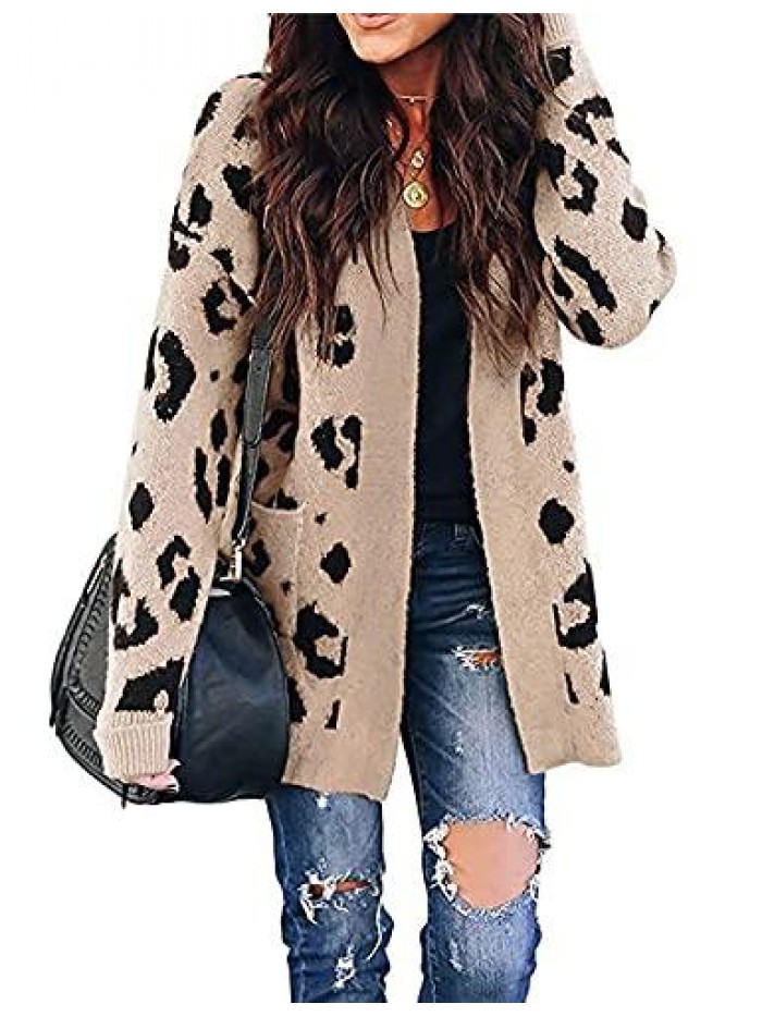 Women's Open Front Leopard Knit Cardigan Sweaters Long Sleeve Outwear 