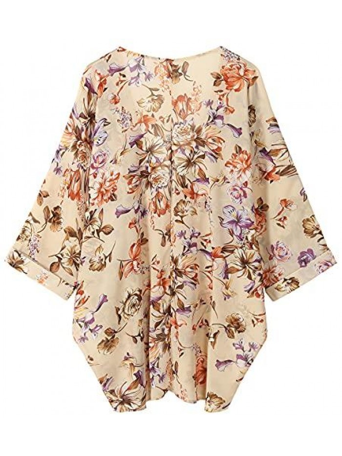 Women's Floral Print Sheer Chiffon Loose Kimono Cardigan Capes 