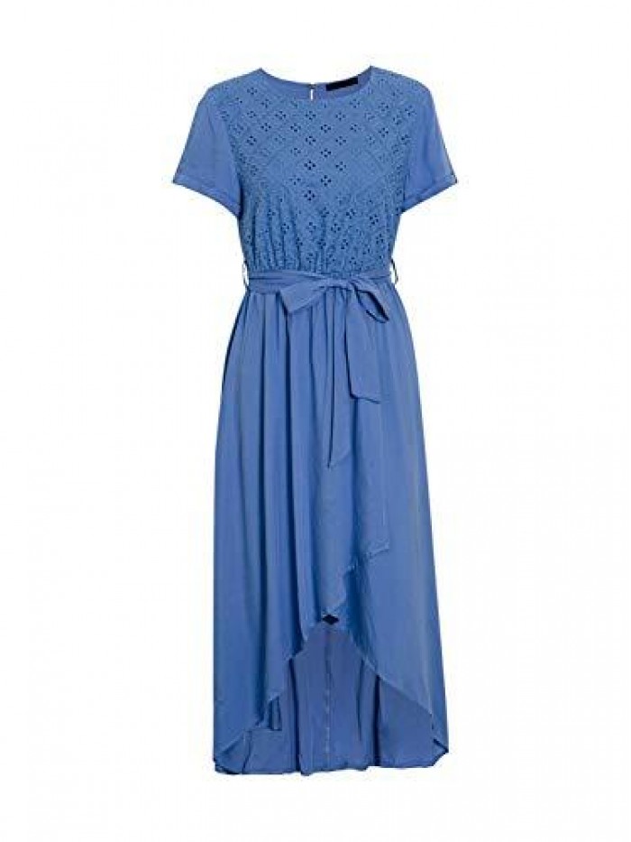 Women's Striped Linen Long Dress Elegant Ruffle Cap Sleeves Midi Dress 