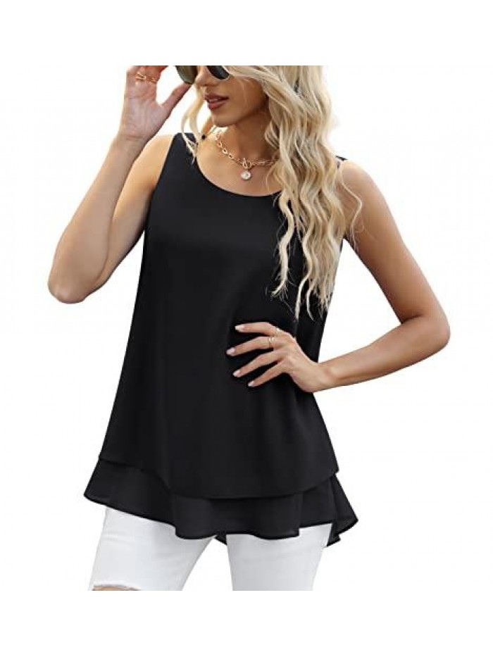 Women's Sleeveless Chiffon Tank Top Double Layers Casual Blouse Tunic 