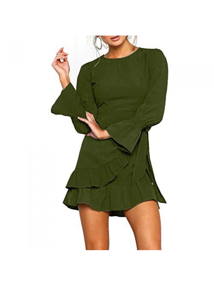 Womens Long Sleeve Round Neck Ruffles Wrap Dresses Party Dress 