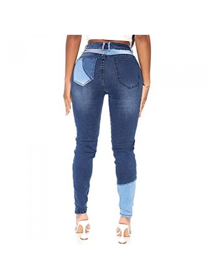 Women Mid Waist Stretchy Patchwork Denim Pants Jeans 