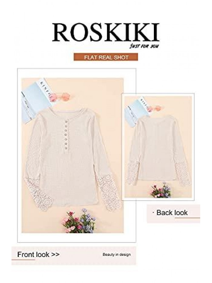 Womens Crochet Hollow-Out Sleeve Button Down Ribbed Knitted Pullover Tops 