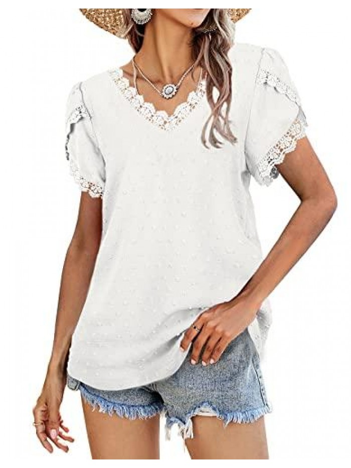 Womens Tops V Neck Summer Lace Petal Sleeve Swiss Dot Shirts 