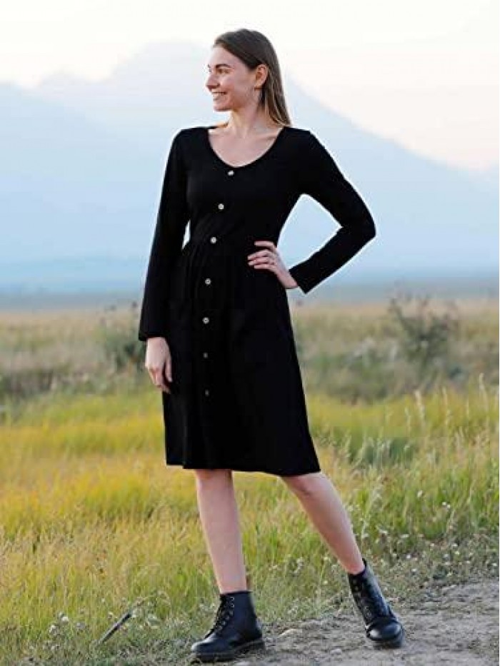 Women's V Neck Button Down Skater Dress with Pockets 