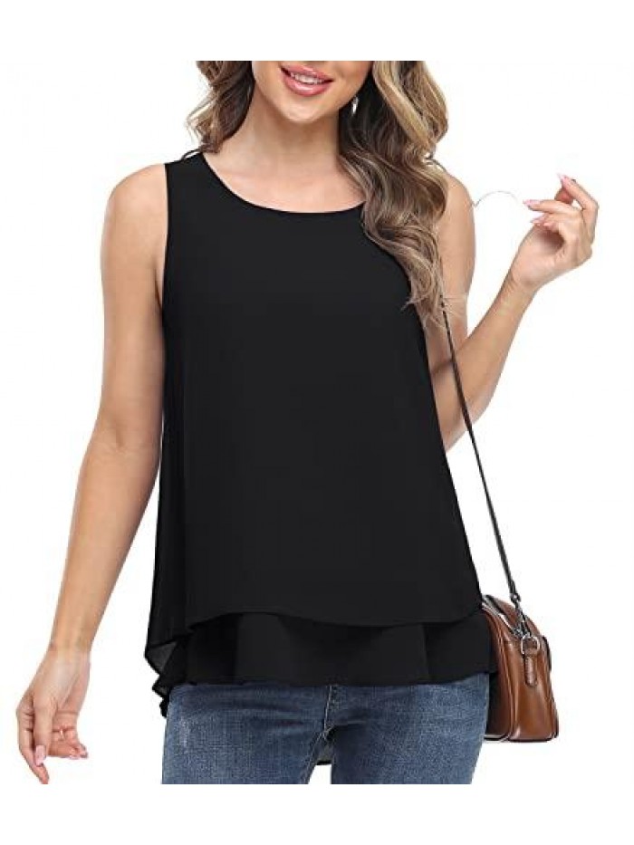 Women's Sleeveless Chiffon Tank Top Double Layers Casual Blouse Tunic 