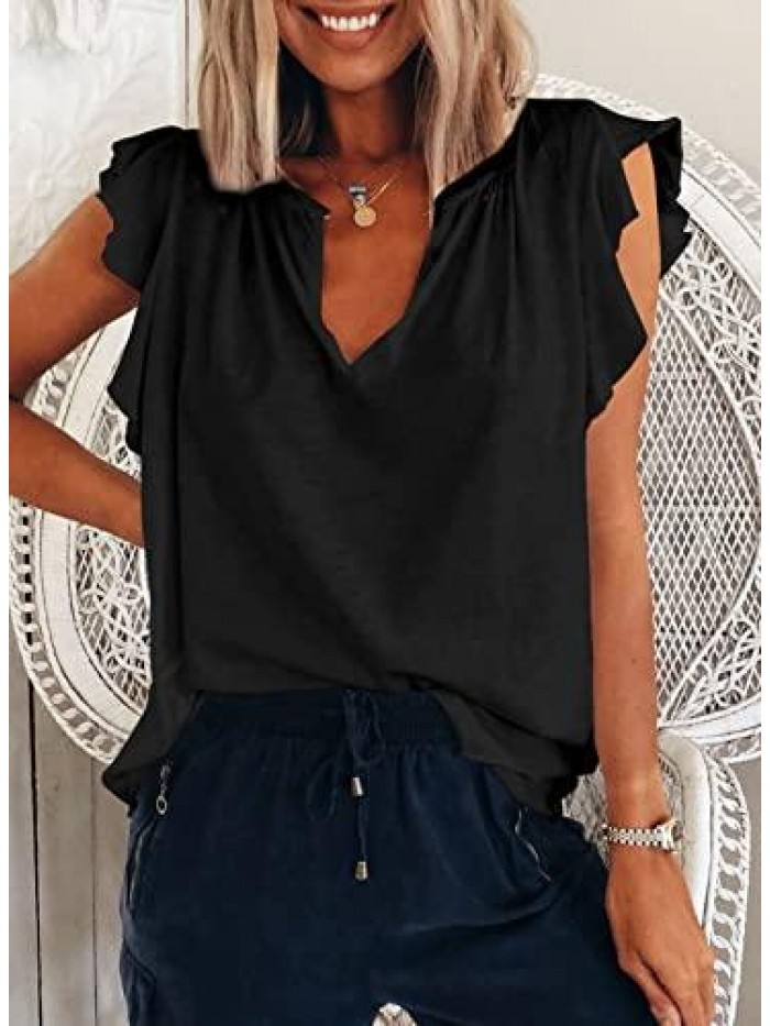 Summer Women's Casual V Neck Ruffle Sleeve Tank Top Tshirts 