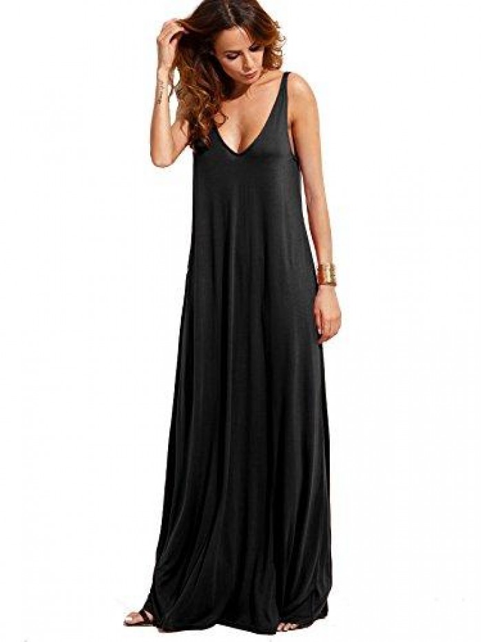 Women's Casual Sleeveless Deep V Neck Summer Beach Maxi Long Dress 