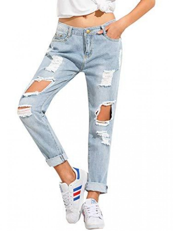 Women's Ripped Boyfriend Jeans Distressed Denim Ankle Length Jeans 