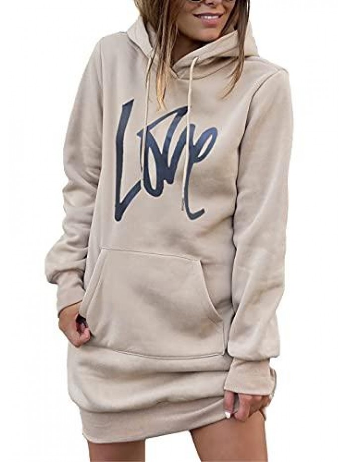 Women's Hooded Sweatshirt Drawstring Lightweight Long Sleeve Pullover Hoodie Dress 