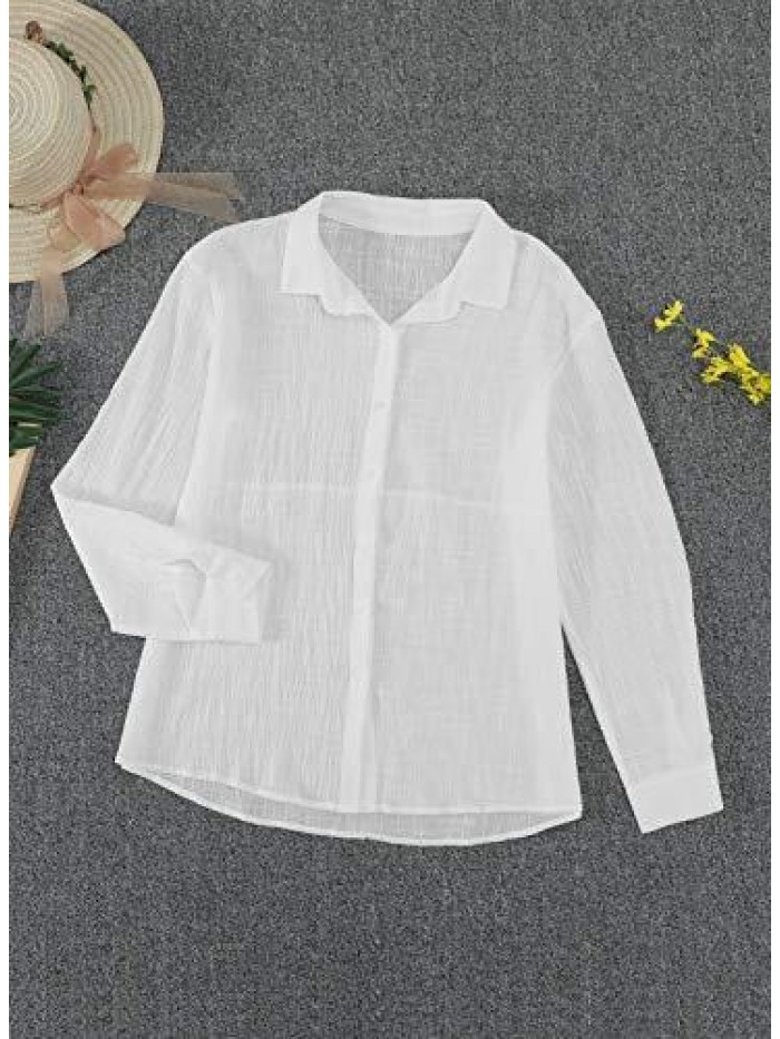 Womens V Neck Roll up Sleeve Button Down Blouses Tops 