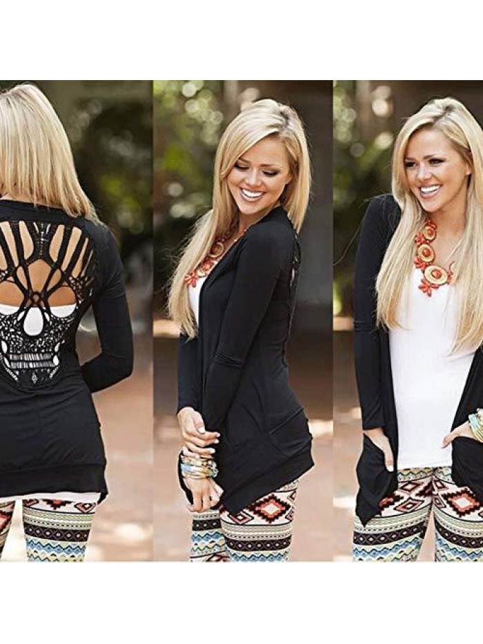 Womens Long Sleeve Open Front Back Cut Out Skull Cardigan Tops 