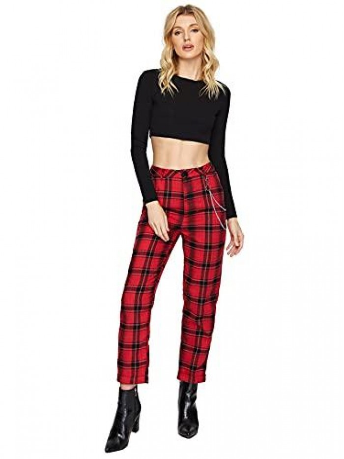 Women's Tartan Plaid Mid Waist Straight Pants 