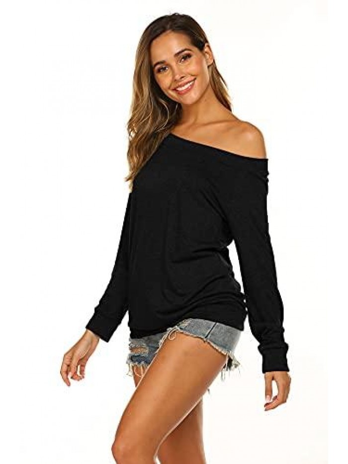 Women's Long Sleeve Boat Neck Off Shoulder Blouse Tops 