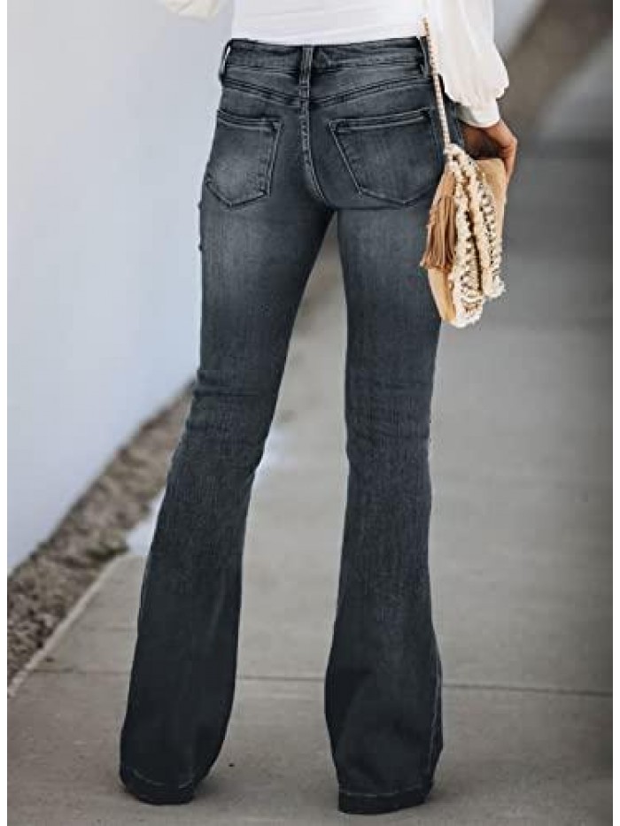 Women Ripped Flare Jeans Mid Rise Fitted Denim Pants 